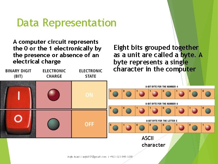 Data Representation A computer circuit represents the 0 or the 1 electronically by the