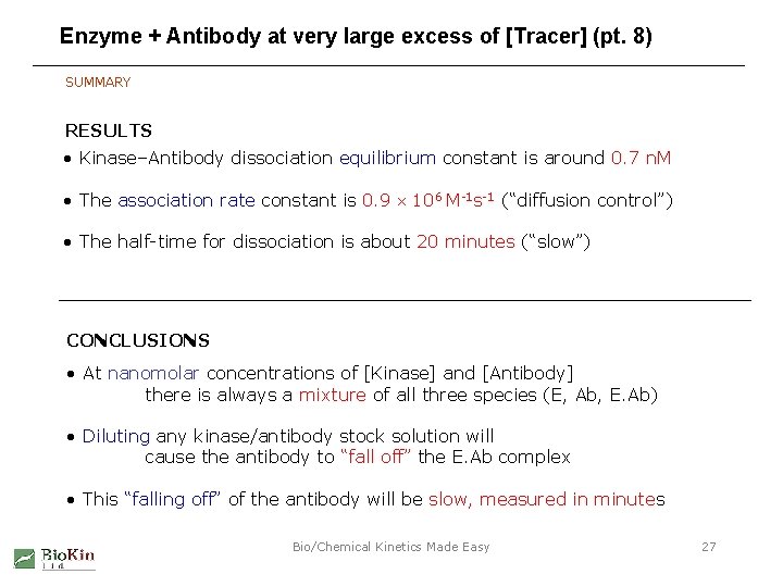 Enzyme + Antibody at very large excess of [Tracer] (pt. 8) SUMMARY RESULTS •