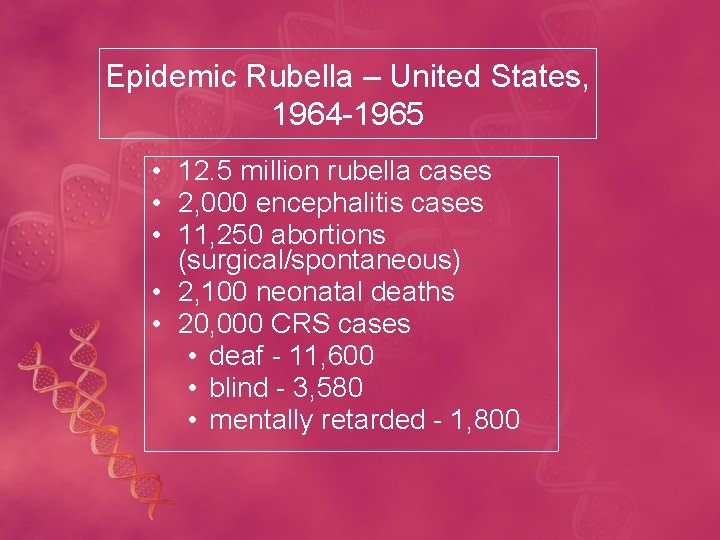 Epidemic Rubella – United States, 1964 -1965 • 12. 5 million rubella cases •