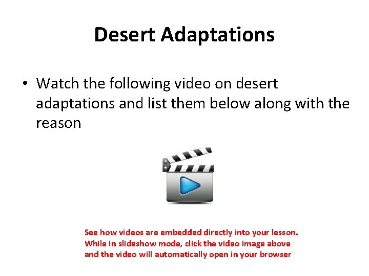 Desert Adaptations • Watch the following video on desert adaptations and list them below