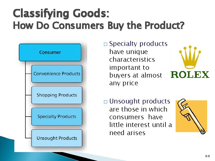 Classifying Goods: How Do Consumers Buy the Product? � � Specialty products have unique