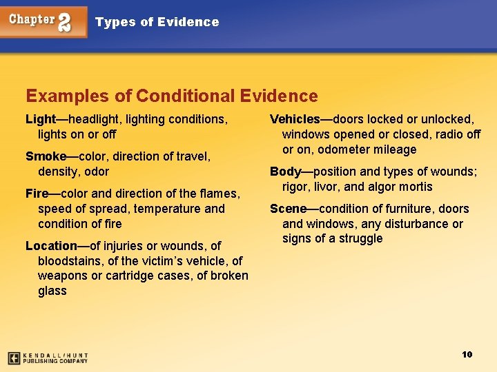 Types of Evidence Examples of Conditional Evidence Light—headlight, lighting conditions, lights on or off