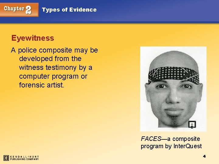 Types of Evidence Eyewitness A police composite may be developed from the witness testimony