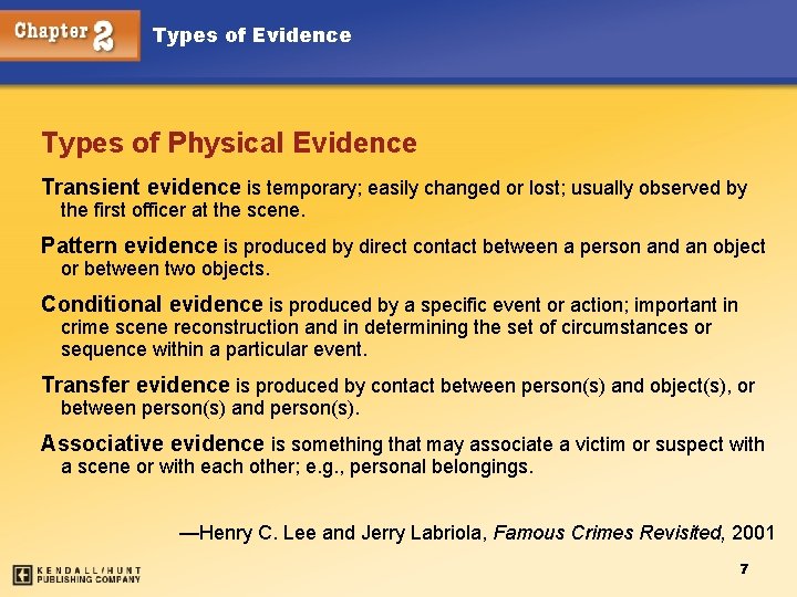 Types of Evidence Types of Physical Evidence Transient evidence is temporary; easily changed or
