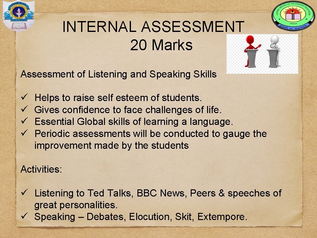 INTERNAL ASSESSMENT 20 Marks Assessment of Listening and Speaking Skills ü ü Helps to