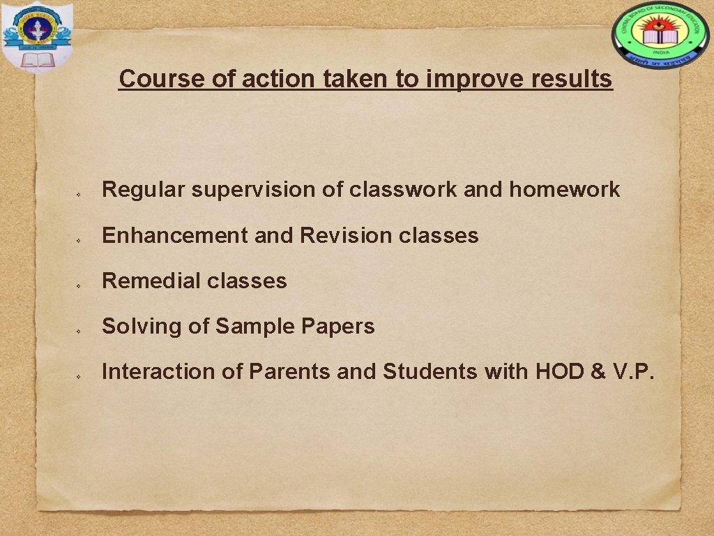 Course of action taken to improve results v v v Regular supervision of classwork