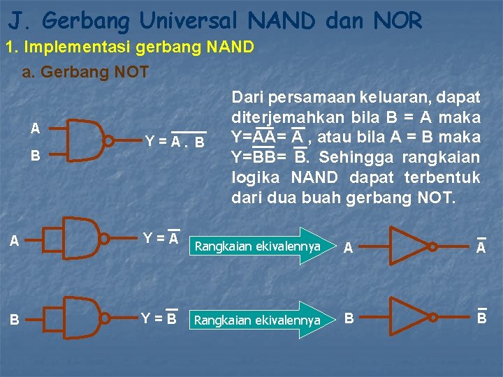 J. Gerbang Universal NAND dan NOR 1. Implementasi gerbang NAND a. Gerbang NOT Dari