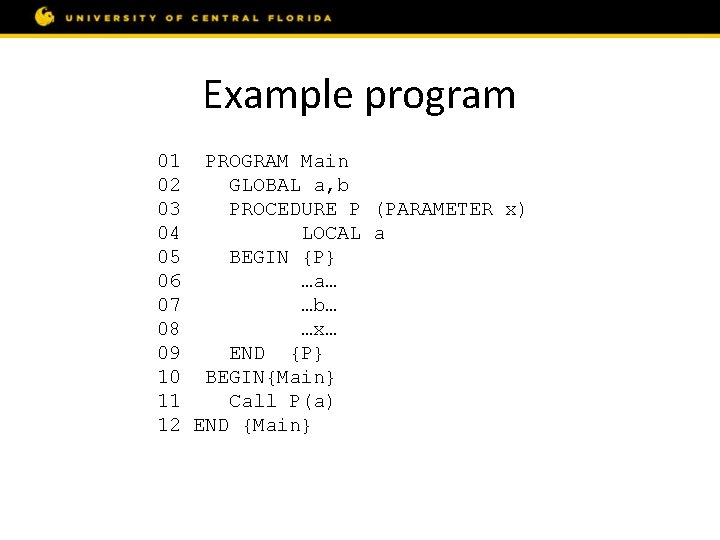 Example program 01 PROGRAM Main 02 GLOBAL a, b 03 PROCEDURE P (PARAMETER x)