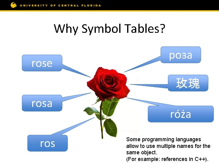Why Symbol Tables? rose роза 玫瑰 rosa ros róża Some programming languages allow to