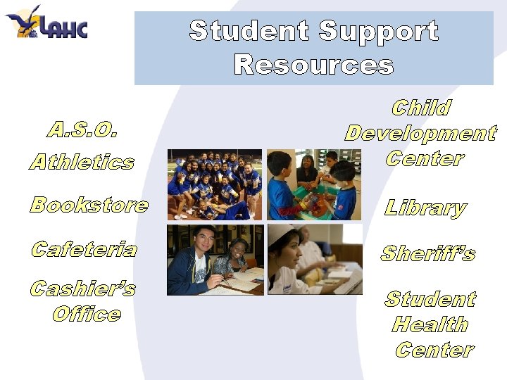 Student Support Resources A. S. O. Athletics Child Development Center Bookstore Library Cafeteria Sheriff’s