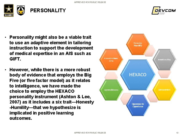 APPROVED FOR PUBLIC RELEASE PERSONALITY • Personality might also be a viable trait to