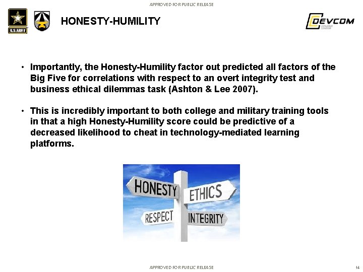 APPROVED FOR PUBLIC RELEASE HONESTY-HUMILITY • Importantly, the Honesty-Humility factor out predicted all factors