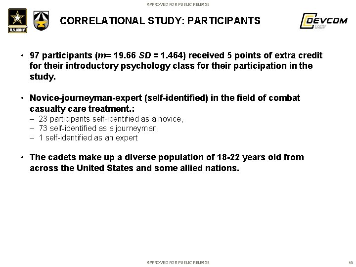 APPROVED FOR PUBLIC RELEASE CORRELATIONAL STUDY: PARTICIPANTS • 97 participants (m= 19. 66 SD