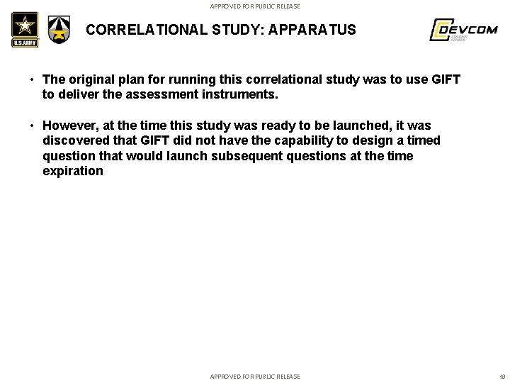 APPROVED FOR PUBLIC RELEASE CORRELATIONAL STUDY: APPARATUS • The original plan for running this