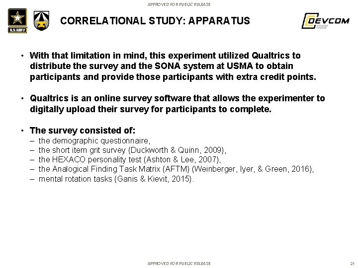 APPROVED FOR PUBLIC RELEASE CORRELATIONAL STUDY: APPARATUS • With that limitation in mind, this