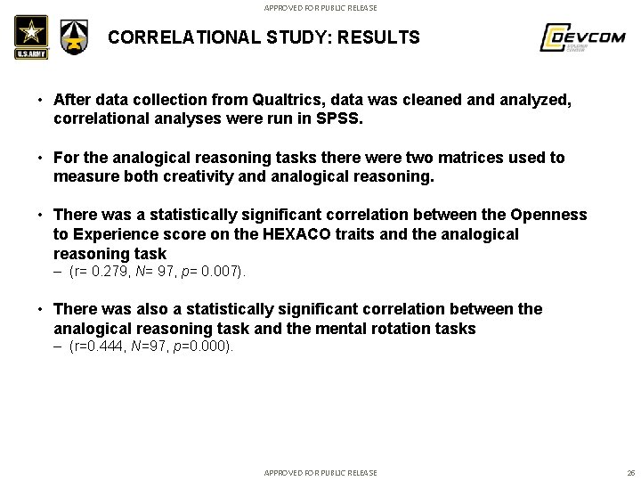 APPROVED FOR PUBLIC RELEASE CORRELATIONAL STUDY: RESULTS • After data collection from Qualtrics, data