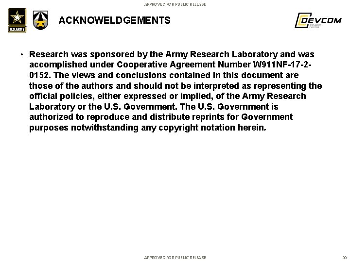 APPROVED FOR PUBLIC RELEASE ACKNOWELDGEMENTS • Research was sponsored by the Army Research Laboratory