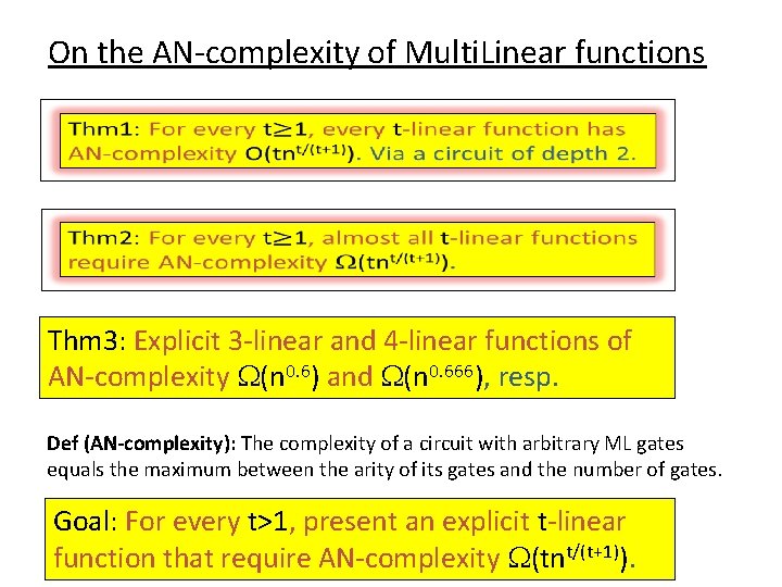 On the AN-complexity of Multi. Linear functions Thm 3: Explicit 3 -linear and 4