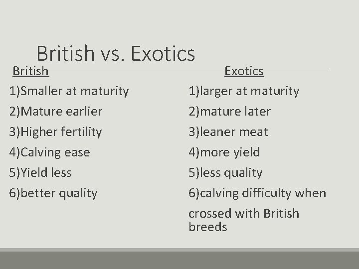 British vs. Exotics British 1)Smaller at maturity 2)Mature earlier 3)Higher fertility 4)Calving ease 5)Yield British vs. Exotics British 1)Smaller at maturity 2)Mature earlier 3)Higher fertility 4)Calving ease 5)Yield