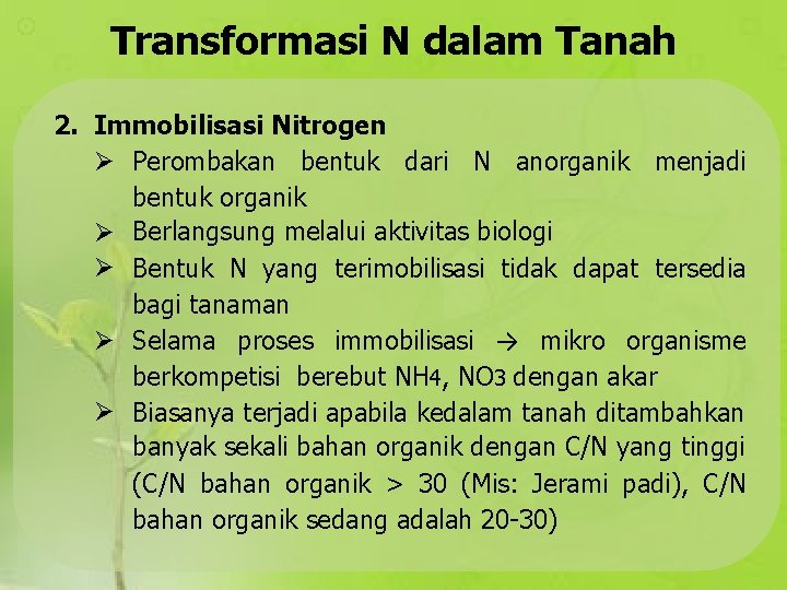 Transformasi N dalam Tanah 2. Immobilisasi Nitrogen Perombakan bentuk dari N anorganik menjadi bentuk