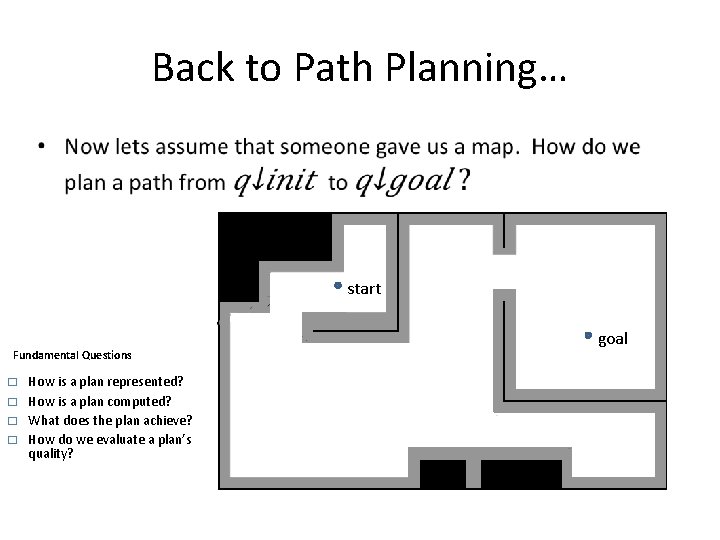 Back to Path Planning… • start Fundamental Questions � � How is a plan