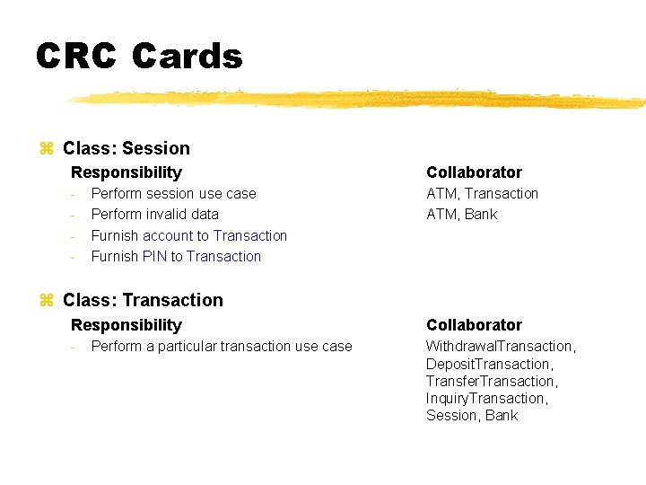 CRC Cards z Class: Session Responsibility Collaborator - ATM, Transaction ATM, Bank Perform session