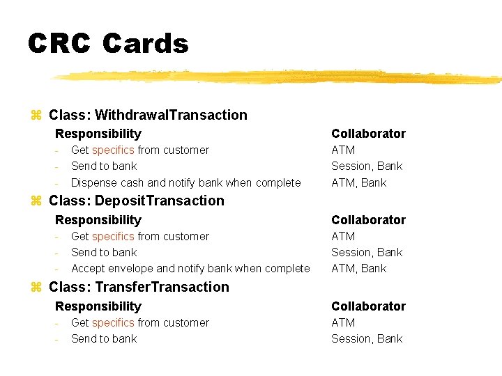 CRC Cards z Class: Withdrawal. Transaction Responsibility Collaborator - ATM Session, Bank ATM, Bank