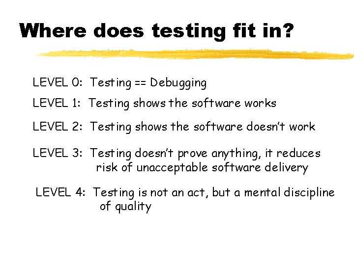 Where does testing fit in? LEVEL 0: Testing == Debugging LEVEL 1: Testing shows