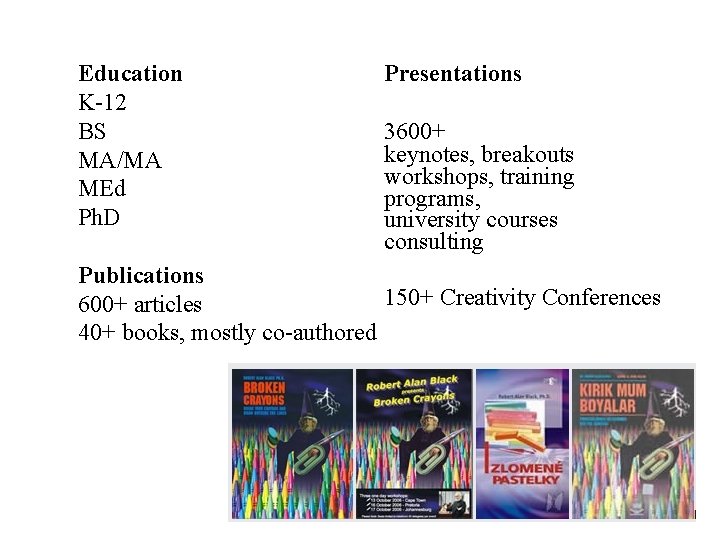 Education K-12 BS MA/MA MEd Ph. D Presentations 3600+ keynotes, breakouts workshops, training programs,