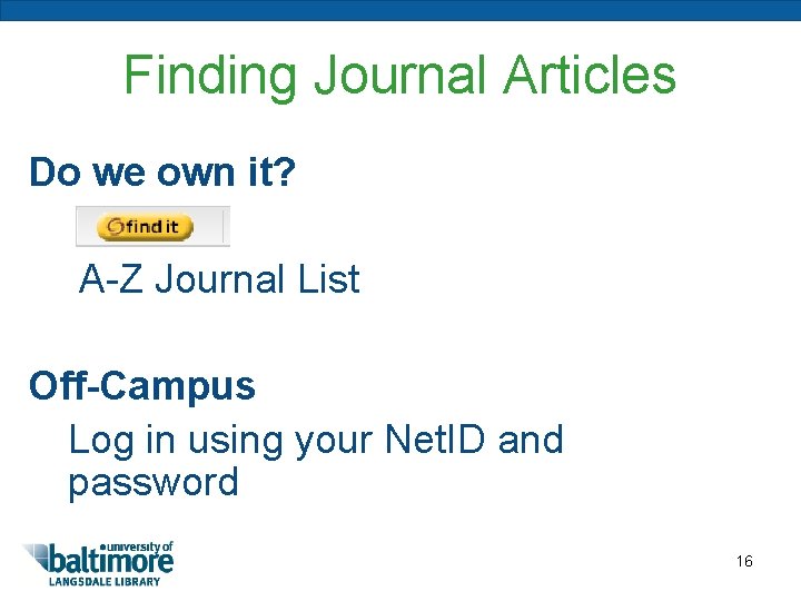 Finding Journal Articles Do we own it? A-Z Journal List Off-Campus Log in using