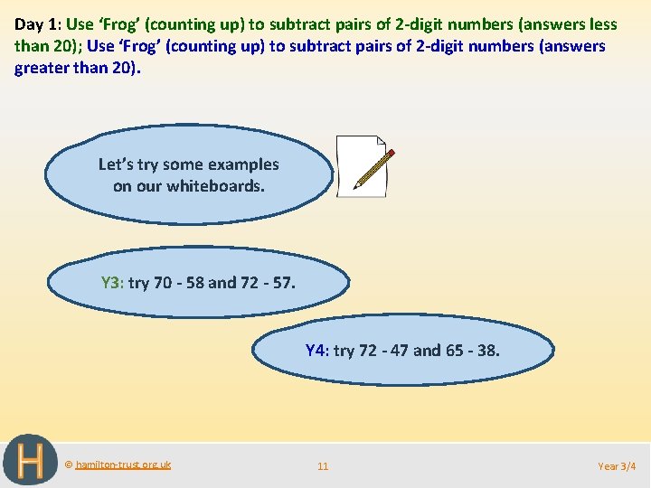 Day 1: Use ‘Frog’ (counting up) to subtract pairs of 2 -digit numbers (answers