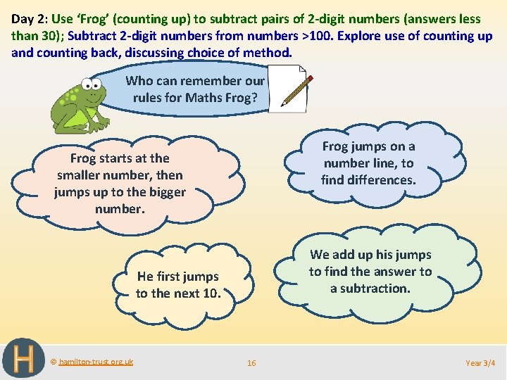 Day 2: Use ‘Frog’ (counting up) to subtract pairs of 2 -digit numbers (answers