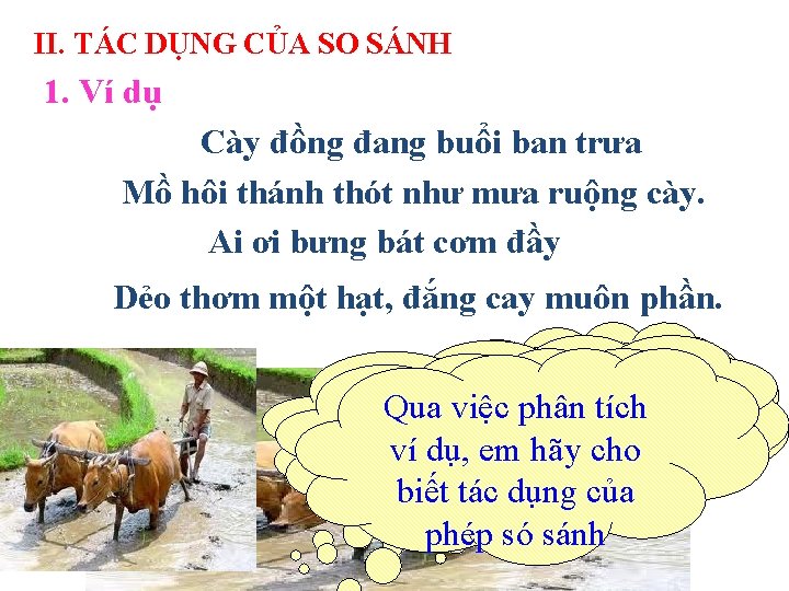 II. TÁC DỤNG CỦA SO SÁNH 1. Ví dụ Cày đồng đang buổi ban II. TÁC DỤNG CỦA SO SÁNH 1. Ví dụ Cày đồng đang buổi ban