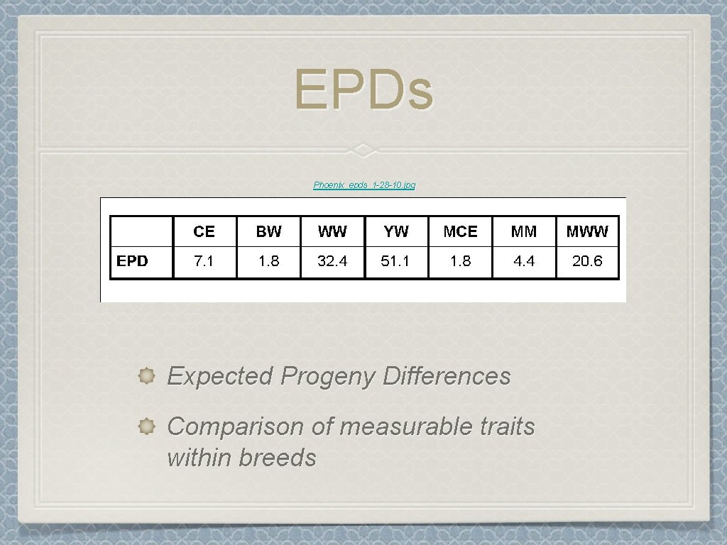 EPDs Phoenix_epds_1 -28 -10. jpg Expected Progeny Differences Comparison of measurable traits within breeds