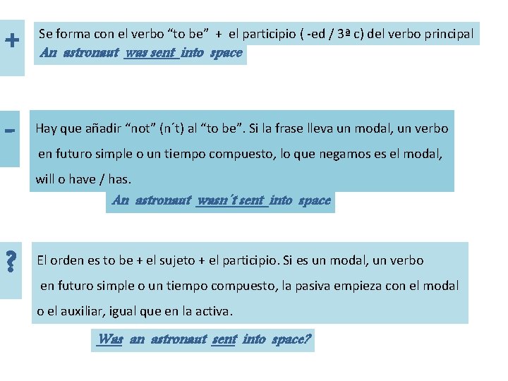 + - Se forma con el verbo “to be” + el participio ( -ed