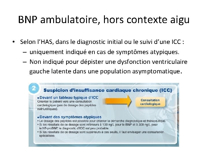 BNP ambulatoire, hors contexte aigu • Selon l’HAS, dans le diagnostic initial ou le