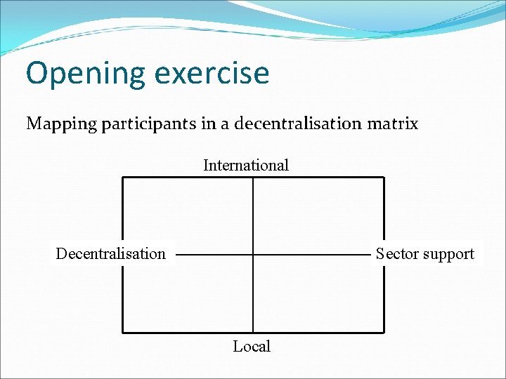 Opening exercise Mapping participants in a decentralisation matrix International Decentralisation Sector support Local 