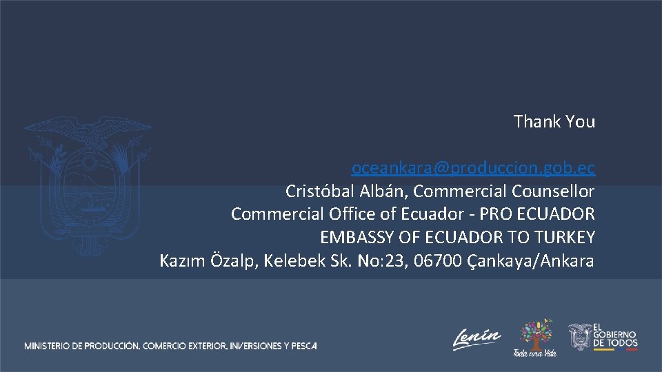 Thank You oceankara@produccion. gob. ec Cristóbal Albán, Commercial Counsellor Commercial Office of Ecuador -