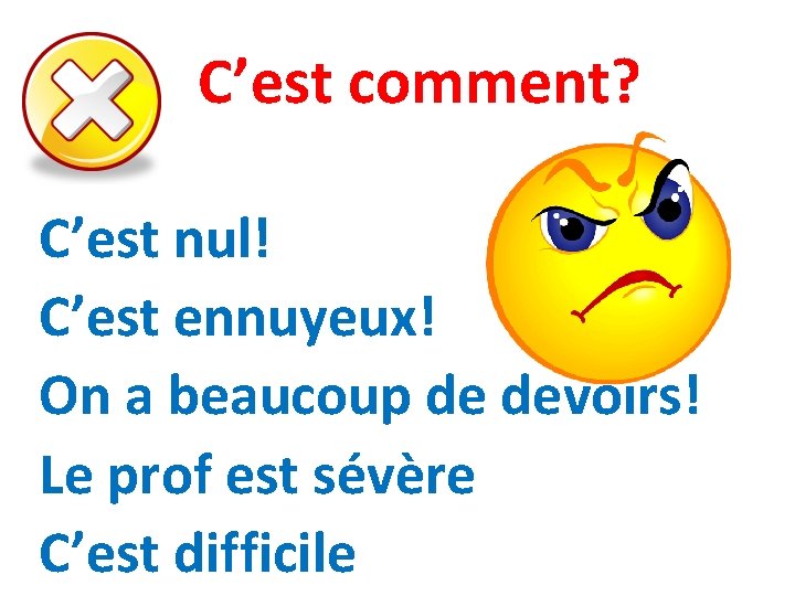 C’est comment? C’est nul! C’est ennuyeux! On a beaucoup de devoirs! Le prof est