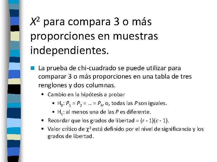 X 2 para compara 3 o más proporciones en muestras independientes. n La prueba