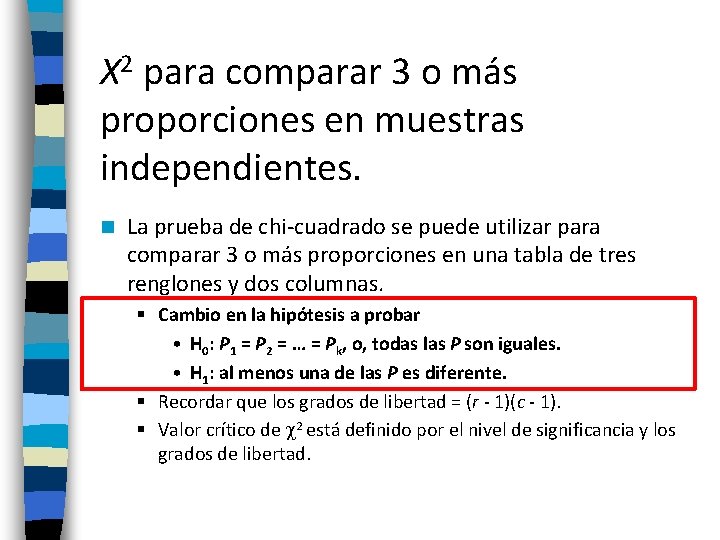 X 2 para comparar 3 o más proporciones en muestras independientes. n La prueba