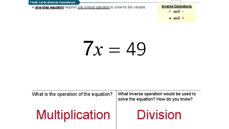 Flash Cards (Inverse Operations) A one-step equation requires one inverse operation to solve for