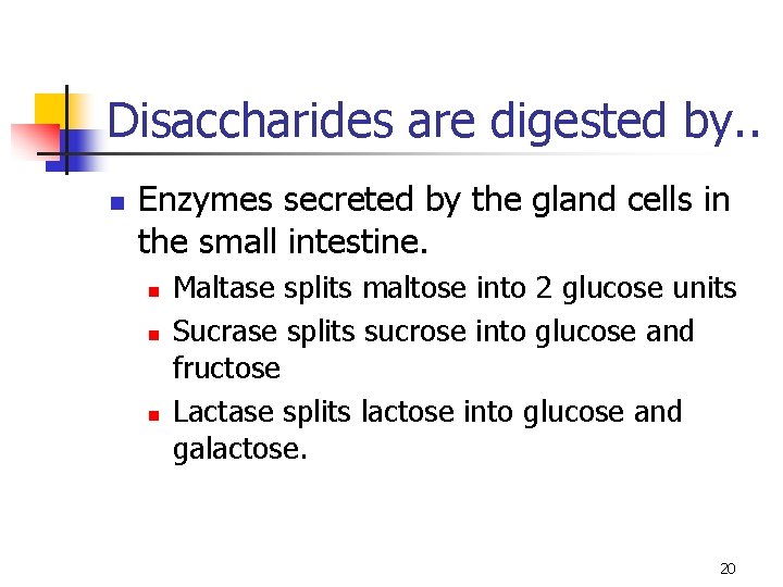 Disaccharides are digested by. . n Enzymes secreted by the gland cells in the