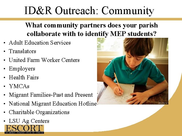 ID&R Outreach: Community What community partners does your parish collaborate with to identify MEP