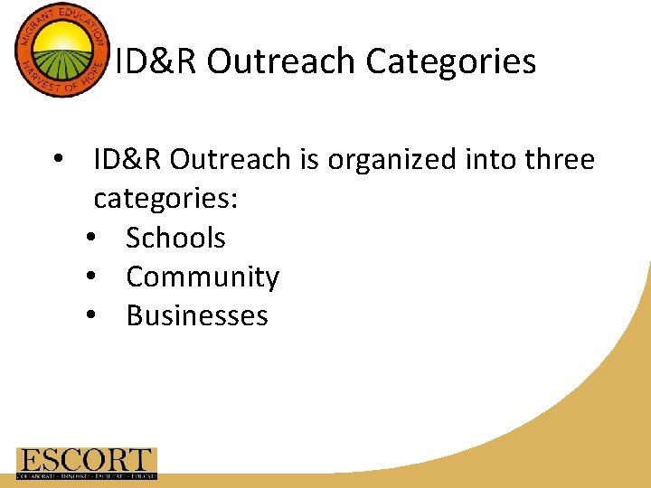 ID&R Outreach Categories • ID&R Outreach is organized into three categories: • Schools •