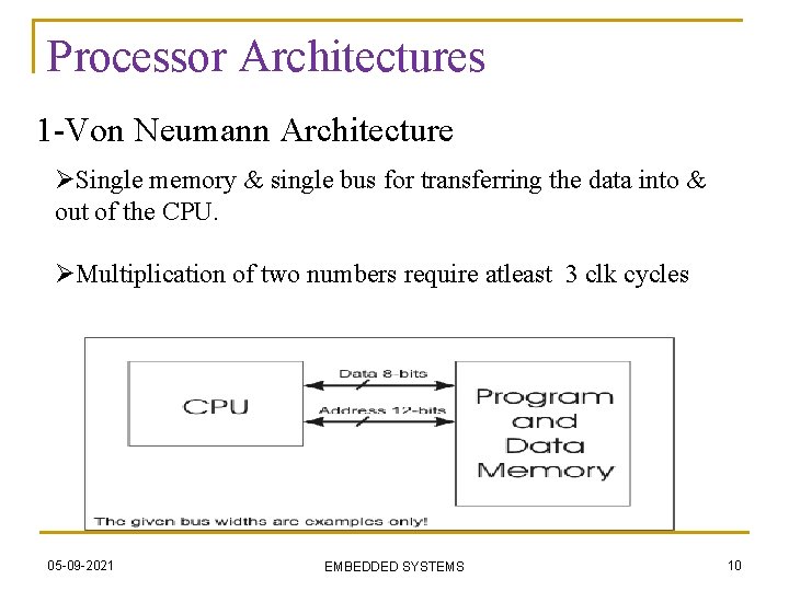 Processor Architectures 1 -Von Neumann Architecture ØSingle memory & single bus for transferring the