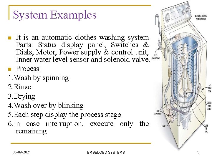 System Examples It is an automatic clothes washing system Parts: Status display panel, Switches