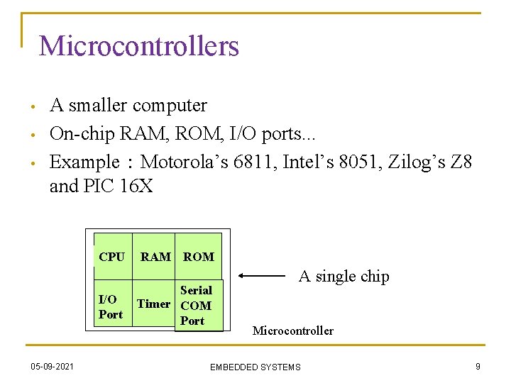 Microcontrollers • • • A smaller computer On-chip RAM, ROM, I/O ports. . .