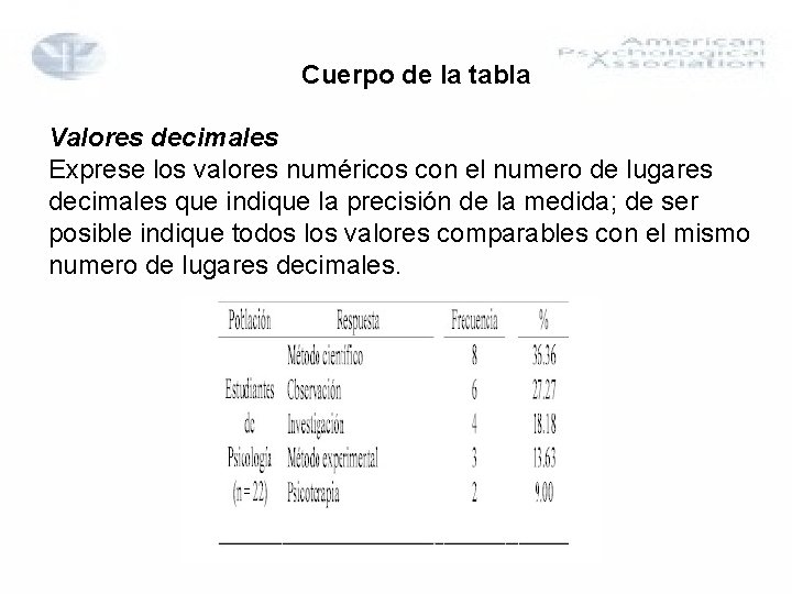 Cuerpo de la tabla Valores decimales Exprese los valores numéricos con el numero de