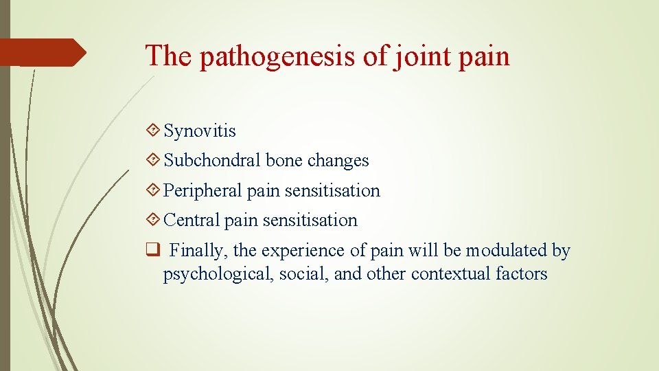 The pathogenesis of joint pain Synovitis Subchondral bone changes Peripheral pain sensitisation Central pain